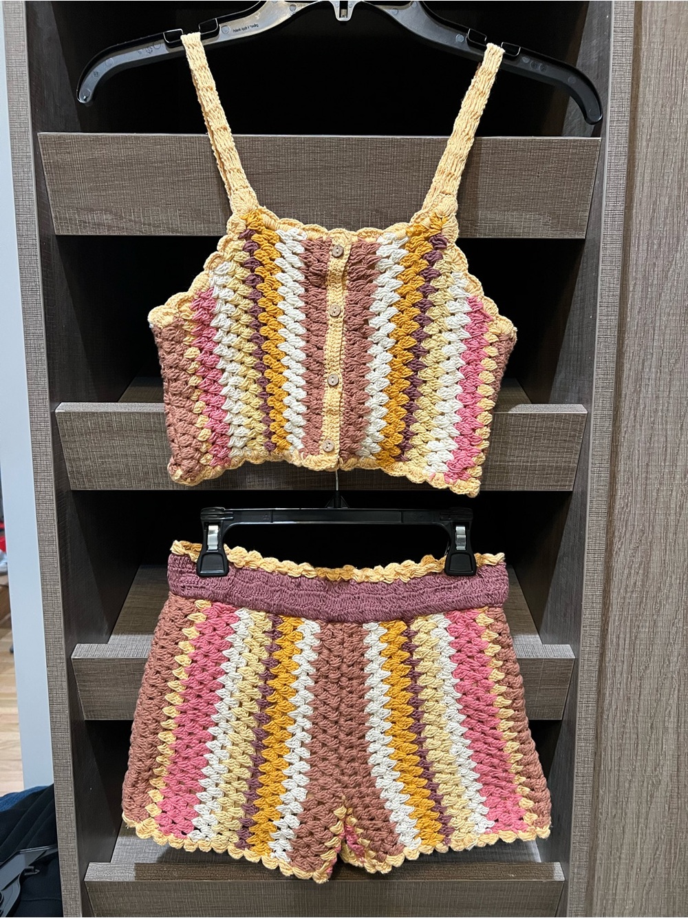 Zara Kids Crochet Stripe Tank & Short Set - Pink, Mustard, Cream, Brown Sz 13-14